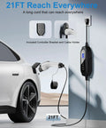 Badass Range Ready Portable EV Charger With Adjustable 16A Current 21 Ft J1772 Cable Smart Delay Timer and Color LED Touchscreen charging a vehicle.