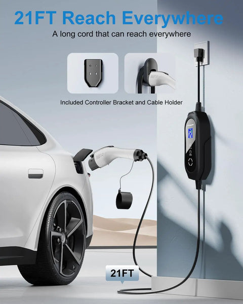 Badass Range Ready Portable EV Charger With Adjustable 16A Current 21 Ft J1772 Cable Smart Delay Timer and Color LED Touchscreen charging a vehicle.