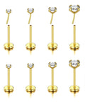 Threadless Flat Back Earrings Set For Tragus Cartilage Nose Lip Medusa Piercings, 18G 316L Surgical Steel Hypoallergenic Gold Tone Labret Posts With 2 To 2.5 To 3 To 4mm CZ Ends, 4 Pairs, 8 Pieces, Insertion Pin