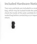 1 Inch Diameter Extension Pole, 16.75 Inches Long, Black, With Coupling Hardware, Compatible With 1 Inch J Pole Mounts, Ideal For Seamless Extensions And Taller Installations shown on white background with included hardware and notice.