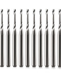 Ten carbide O-flute end mills, 1/8 in shank, 1/16 in cut, single-flute up-cut for acrylic