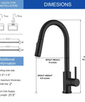 Dimensions diagram of Slick Black Kitchen Faucet With Pull Down Sprayer Single Handle Modern Stainless Steel Kitchen Sink Faucet With Deck Plate Anti Fingerprint Finish SUS 304 Stainless Steel Construction