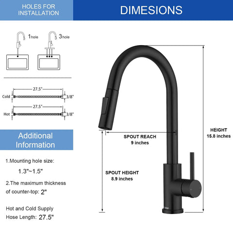 Dimensions diagram of Slick Black Kitchen Faucet With Pull Down Sprayer Single Handle Modern Stainless Steel Kitchen Sink Faucet With Deck Plate Anti Fingerprint Finish SUS 304 Stainless Steel Construction