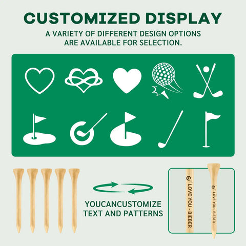 Customized display options for Custom Golf Tees Set With Your Name Or Logo, featuring personalized wooden tees.
