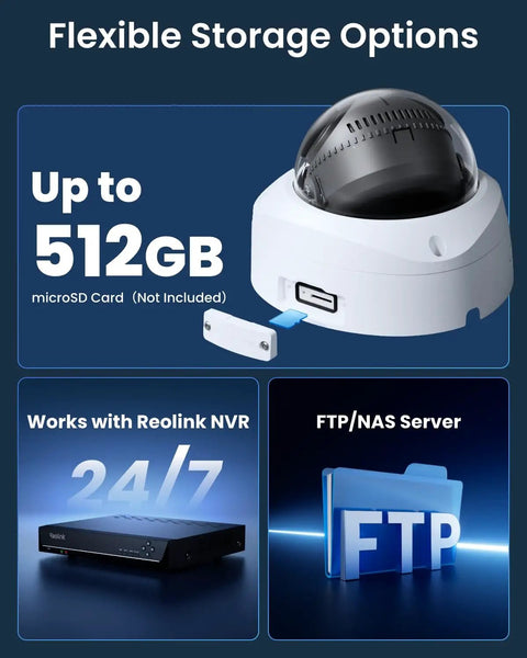 Flexible storage options for Dope 16MP Dual Lens PoE Security Camera With 180 Degree Panoramic View using microSD, NVR, and FTP.