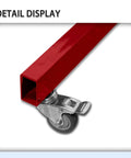 Close-up of a red metal leg with a caster wheel from a Rolling Tool Cart And Workbench On Wheels, Adjustable Height Heavy-Duty Mechanic Table With Drawers And Multi-Hole Hanging Board, Garage Shop Organizer For Fast Access, Efficient Repairs And Tidy Tools.