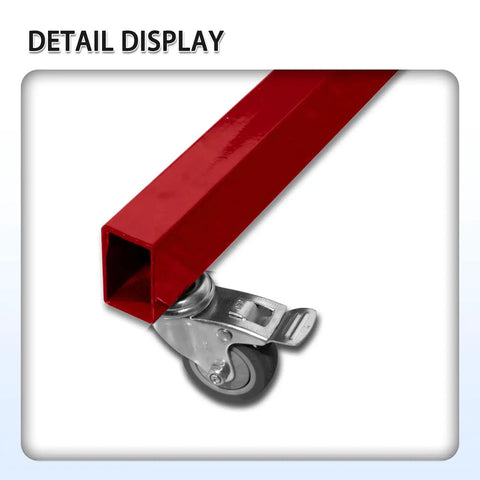 Close-up of a red metal leg with a caster wheel from a Rolling Tool Cart And Workbench On Wheels, Adjustable Height Heavy-Duty Mechanic Table With Drawers And Multi-Hole Hanging Board, Garage Shop Organizer For Fast Access, Efficient Repairs And Tidy Tools.