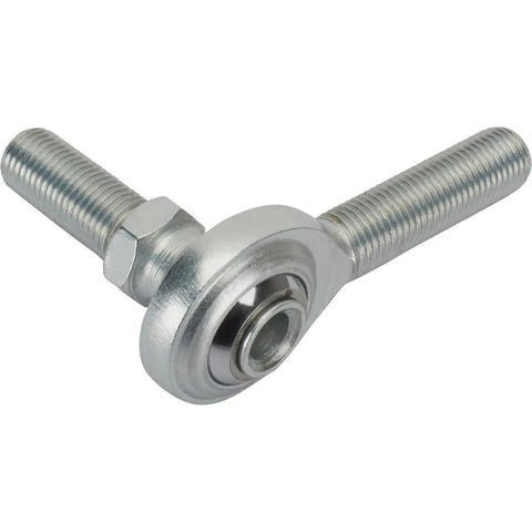 Badass 3/8 Inch Left Hand Male Steel Heim Rod Ends With Hex Stud PTFE Lined Zinc Plated Heavy Duty Rod End Built Different For Carb Linkage Shift Cable Assembly Tie Rod Build Grease Monkey Approved Rig, showing profile and hex stud.