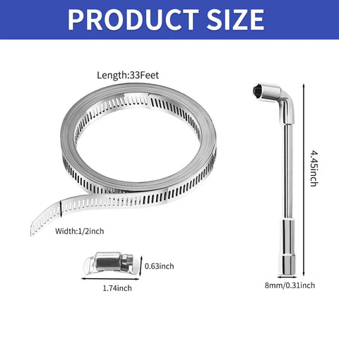 304 stainless steel hose clamp kit with 33 ft strap, 1/2 in wide, 20 fasteners and L-wrench.