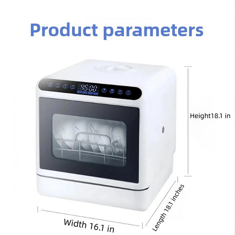 Ultra Compact Countertop Dishwasher Total Game Changer For Small Kitchens Fully Automatic Four Cycle Wash System featuring dimensions and control panel.