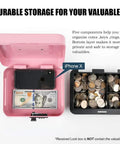 Open pink metal cash box with combination lock, showing removable tray holding phone and cash. Medium Cash Box With Combination Lock, Built Tough Metal Money Safe With Removable Tray, Security Lock Box For Cash Or Valuables, Pink Finish, Dimensions 7.87 By 6.30 By 3.54 Inches, Portable And Easy To Use.