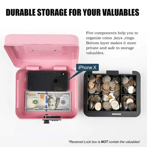 Open pink metal cash box with combination lock, showing removable tray holding phone and cash. Medium Cash Box With Combination Lock, Built Tough Metal Money Safe With Removable Tray, Security Lock Box For Cash Or Valuables, Pink Finish, Dimensions 7.87 By 6.30 By 3.54 Inches, Portable And Easy To Use.