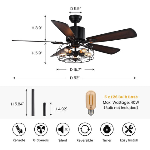 Dope 52 Inch Farmhouse Ceiling Fan With Light And Remote Black Rustic Industrial Ceiling Fan with Caged Light and Reversible Blades