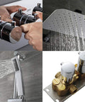 Hands adjusting knobs on No Fuss Concealed In Wall Silver Square Thermostatic Shower Set Built Tough Lead Free Copper Body.