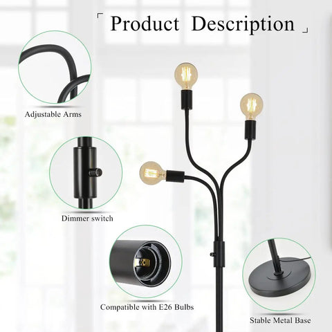 Dimmable Industrial Floor Lamp With 3 Adjustable Gooseneck Arms, Tall Tree-Style Farmhouse Standing Lamp for Living Room, Bedroom, Office, and Home Decor, 67 Inch High Black Metal Finish with dimmer switch and E26 bulb compatibility.