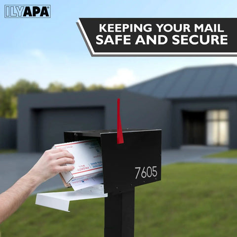 Modern Outdoor Mailbox With Post Mount In Black And White Powder Coated Steel Weatherproof Corrosion Resistant Hinges Magnetic Door Built Tough For All Weather Mail Protection And Long Lasting Durability shown outdoors
