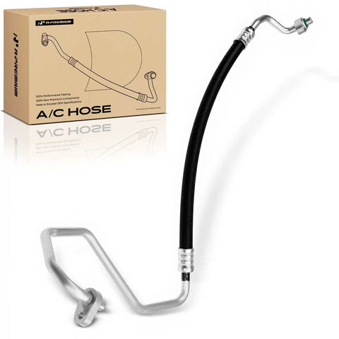 Heavy Duty Ac Discharge Line Hose Assembly For Toyota Tacoma 2005 2015 V6 4.0L with black rubber hose and metal fittings.