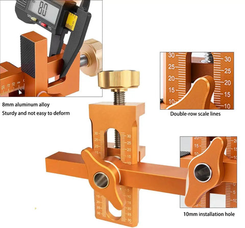 No Sweat Heavy Duty Adjustable Cabinet Door Installation Positioner With Drill Ready Aluminum Build For Slick Hinge Mounting And Quick DIY Kitchen Upgrade Setup, showcasing 8mm aluminum alloy with scale lines.