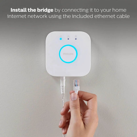 Hand connecting Ethernet cable to smart bridge for Bluetooth Smart Lightstrip Plus 1m Extension No Plug For Easy Mood Lighting