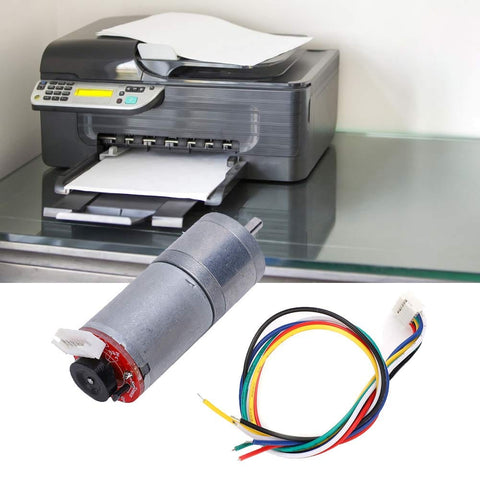 High Torque DC Gear Motor With Speed Encoder for Precise Control shown beside a printer with cable attachment