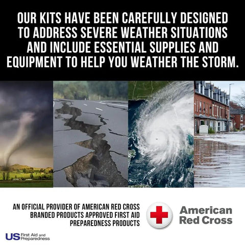 Must-Have First Aid Kit With 73 Piece Emergency Medical Supplies For Minor Injuries, Latex Free, Zippered Soft Pack, Easy Access, Ideal For Home, Travel, Work, School, On The Go Safety And Wellness. Severe weather preparedness graphic