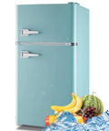 Hella Spacious 3.5 Cubic Feet Retro Mini Fridge With Handle Compact Refrigerator Reliable Cooler Storage Bin For College Dorm Home Office Bedroom Counter Top Blue with fruits and ice