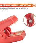 Close-up of red battery clamp featuring stainless steel springs for Drop In Ready Ec5 Car Jumper Starter Cable With 10 AWG Thick Wire And Rock Solid Battery Clamps Designed For Fast Jumps And Hassle Free Roadside Recovery.