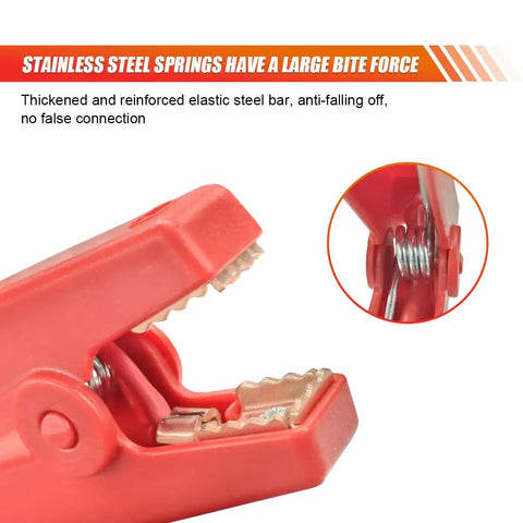Close-up of red battery clamp featuring stainless steel springs for Drop In Ready Ec5 Car Jumper Starter Cable With 10 AWG Thick Wire And Rock Solid Battery Clamps Designed For Fast Jumps And Hassle Free Roadside Recovery.