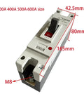Rugged Heavy Duty DC 1P MCCB Circuit Breaker Rated At 400 Amps For Rooftop Solar And RV Batteries And Smart Auto Shutoff Switch with dimensions.