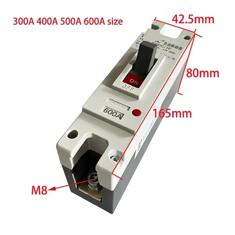 Rugged Heavy Duty DC 1P MCCB Circuit Breaker Rated At 400 Amps For Rooftop Solar And RV Batteries And Smart Auto Shutoff Switch with dimensions.