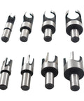 Badass 8 Piece Titanium Coated Wood Plug Cutter Drill Bit Set featuring straight and taper claw geometry for cabinet doors.