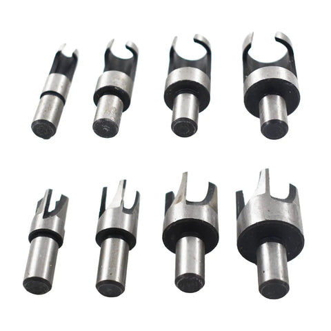 Badass 8 Piece Titanium Coated Wood Plug Cutter Drill Bit Set featuring straight and taper claw geometry for cabinet doors.