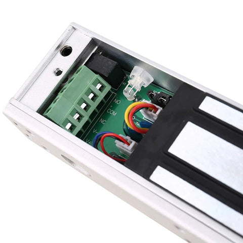 Close-up of 2.4GHz WiFi Access Control Remote Switch Kit with 600lb magnetic lock wiring and circuit board for outswing door.