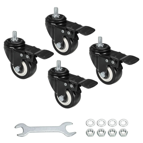 2 Inch Swivel Stem Casters With Brake PU Wheel M8x15mm Threaded Stem 1.25mm Pitch 110lbs Load Capacity Per Caster Black 4 Pieces