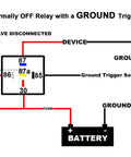 Wiring diagram for 80 And 60 Amp 12V Five Pin SPDT Automotive Relay Kit With Heavy Duty Pigtails showing ground trigger setup.