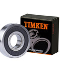 Timken 6304-2RS ball bearing with double rubber seals, front view next to a black Timken box