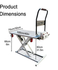 Rock Solid Heavy Duty Electric Hydraulic Scissor Lift Table 660 Pound Capacity dimensions showing 100cm x 75cm surface with casters.