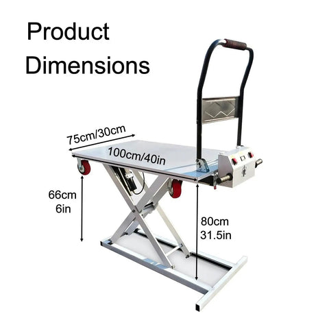 Rock Solid Heavy Duty Electric Hydraulic Scissor Lift Table 660 Pound Capacity dimensions showing 100cm x 75cm surface with casters.