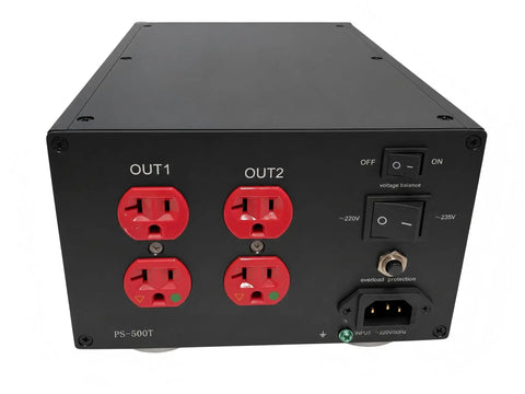 Balanced Isolation Power Conditioner And Noise Filter For Hifi Rig Setup 500 Watt Transformer back view with ports and switches.