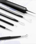6 Piece Pimple Popper Kit with stainless steel comedone extractors for blackhead removal showing various tool heads and textured grips