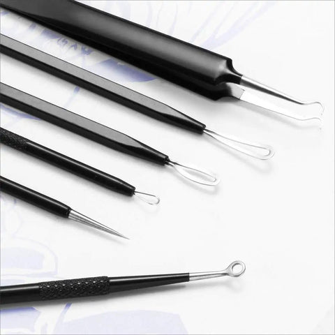 6 Piece Pimple Popper Kit with stainless steel comedone extractors for blackhead removal showing various tool heads and textured grips