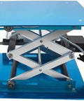 Industrial Grade Electric Scissor Lift Platform Featuring A Heavy Duty Hydraulic Table Built Tough For Massive Payloads and Hassle Free Material Transport Across Any Workspace, blue top view.