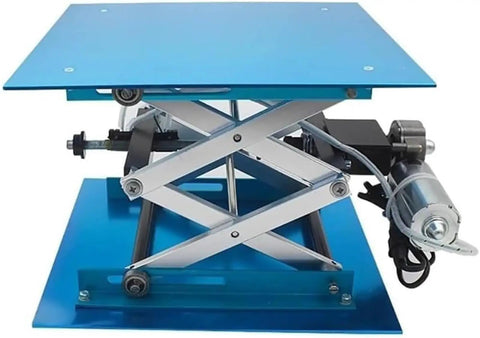 Industrial Grade Electric Scissor Lift Platform Featuring A Heavy Duty Hydraulic Table Built Tough For Massive Payloads and Hassle Free Material Transport Across Any Workspace, blue top view.