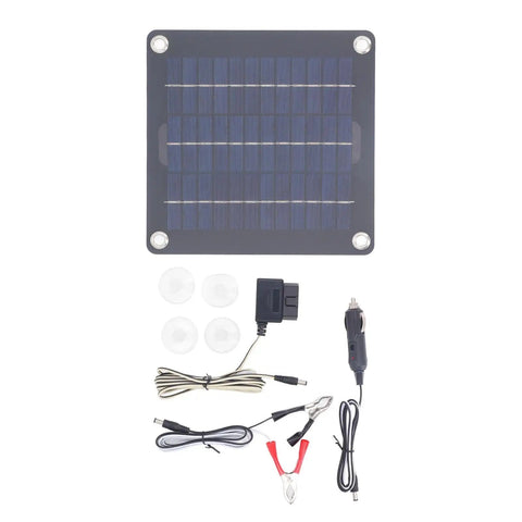 10W Monocrystalline Solar Panel Battery Charger Kit With OBD Charger And Battery Clips For Cars, Motorcycles, Boats, And RVs