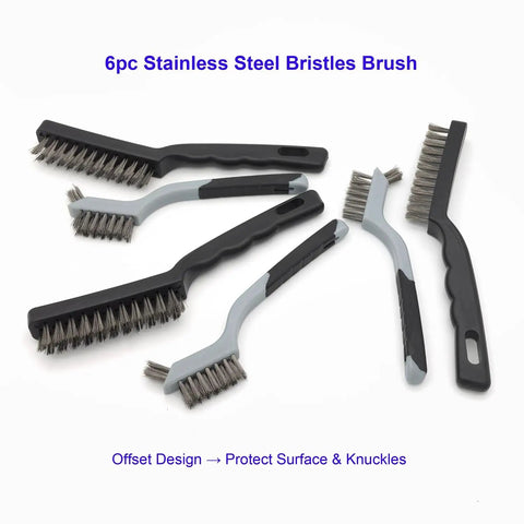 6pc stainless steel wire brushes with ergonomic handles for rust removal and deep cleaning, part of 15 piece wire brush set for drill attachments.