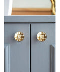 Set Of Four Premium Mother Of Pearl Decorative Drawer Knobs With Gold Embroidered Detailing For Kitchen Cabinets And Dressers Brass