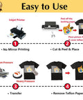 Instructions for using Dark Heat Transfer Paper For T Shirts And Dark Fabrics with inkjet printer and ironing steps illustrated.