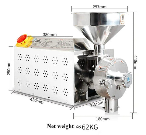 3.3Kw Commercial Stainless Steel Grain Grinder Mill For Industrial Use with measurements and side view design