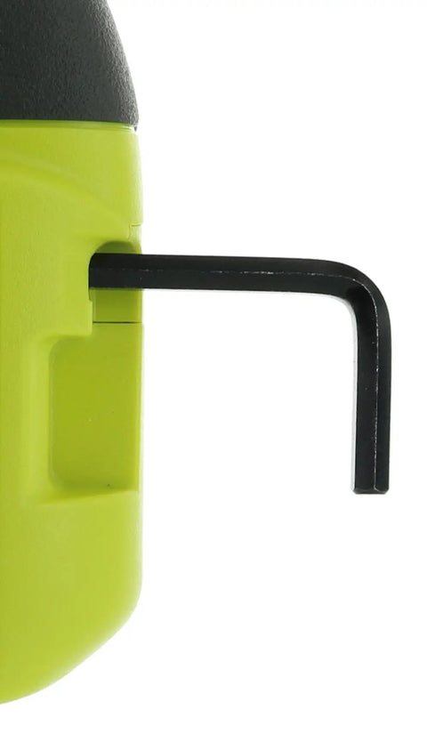 Close-up of Ryobi 18V Cordless Circular Saw tool with hex wrench mounted on body for adjustments.