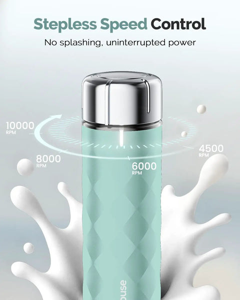 Rechargeable Milk Frother Handheld Wand With Stepless Speed Control And 3 Whisks, shown in Gulf Blue, demonstrating speed levels 4500 to 10000 RPM.